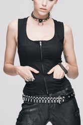 Débardeur punk pour femme avec fermeture éclair noire à l'avant, sans manches, découpe au dos, ceinturé, col rond